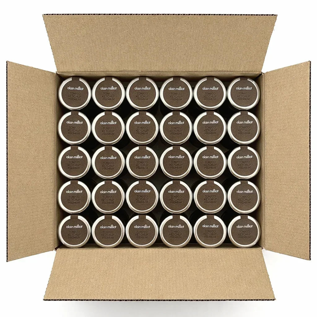 Box of Alain Milliat premium tomato ketchup jars, artisan-made and gourmet