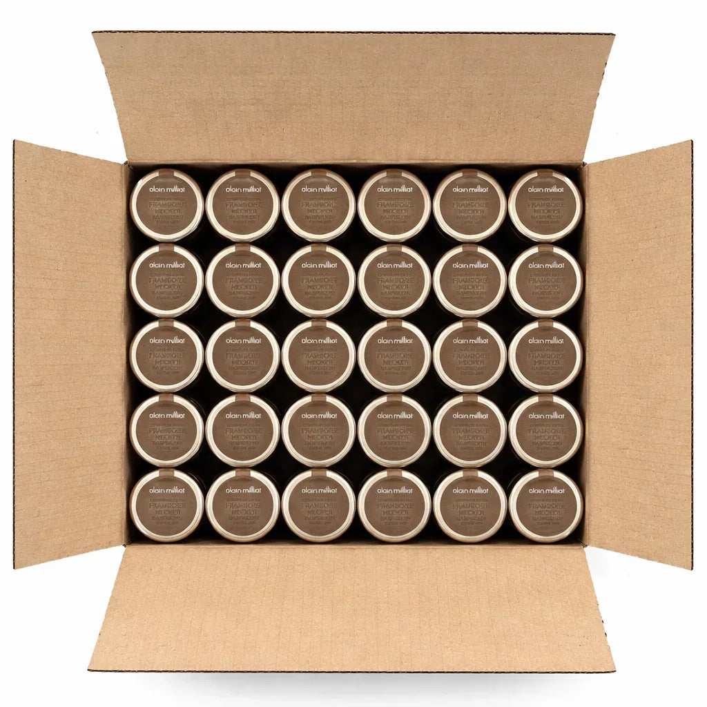 Alain Milliat raspberry jam jars in bulk case, artisan-made, premium French preserves