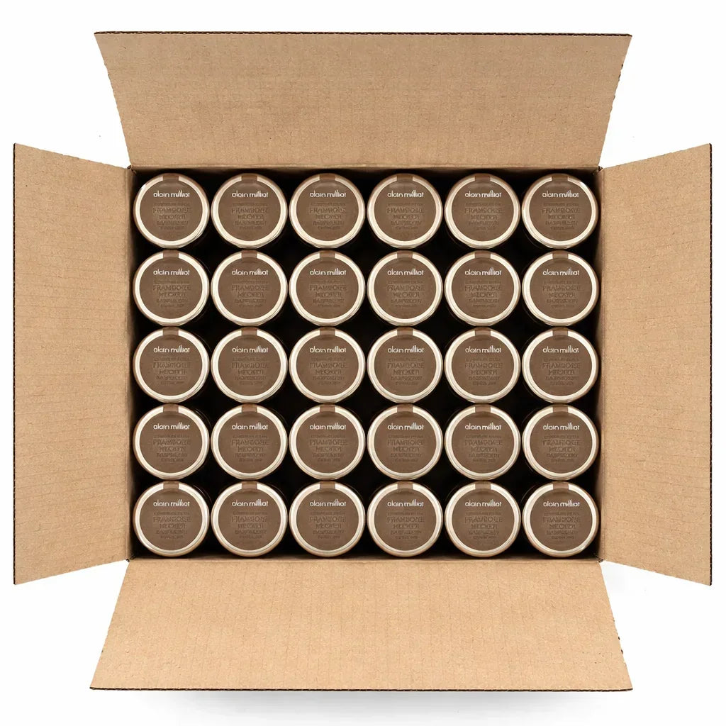Alain Milliat raspberry jam jars in bulk case, artisan-made, premium French preserves