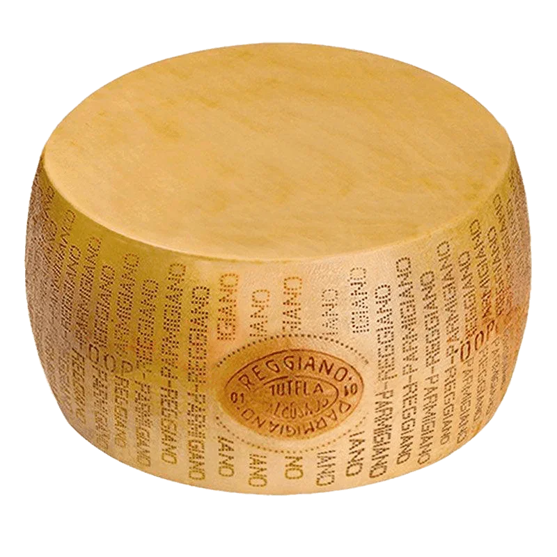 Whole Parmigiano Reggiano cheese wheel with stamped rind, aged Italian cheese