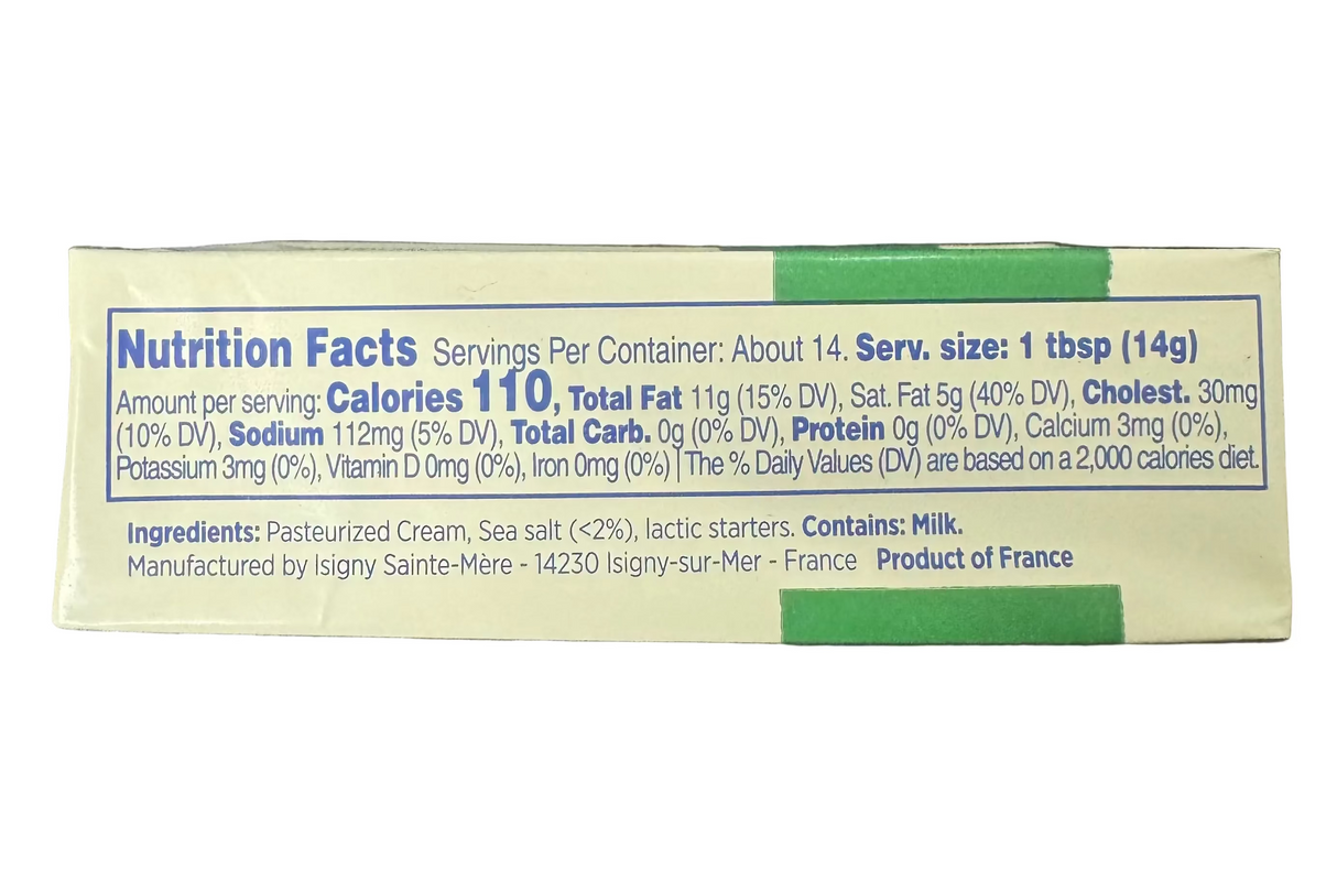 Nutrition facts label for French butter, showing calories, fat, sodium, and ingredients; product of France