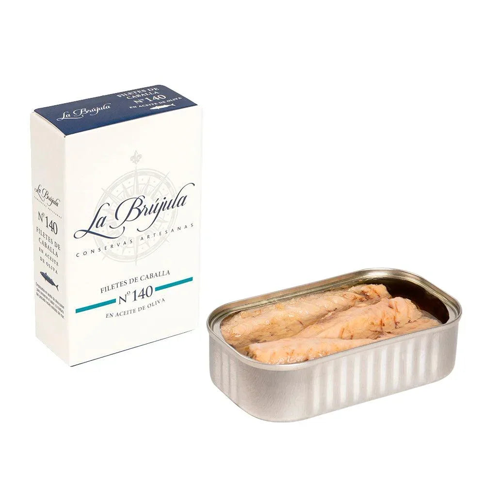La Brujula No 140 mackerel fillets in olive oil, open tin beside its printed box, Spanish conserva