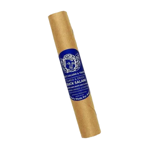 Cured duck salami in kraft paper with blue label, gourmet French charcuterie food product
