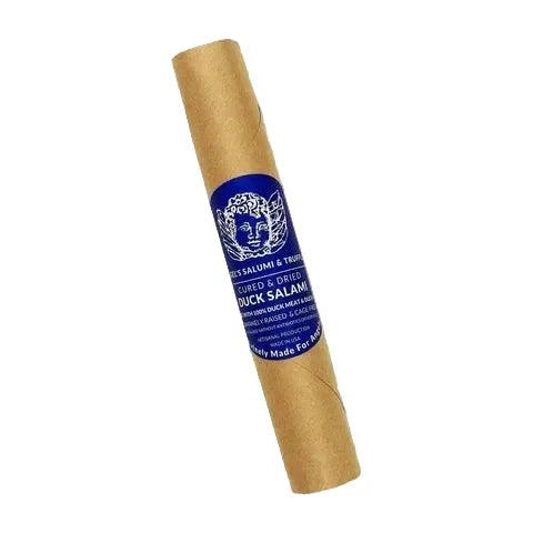Artisan cured duck salami in eco-friendly paper wrap, gluten-free, clean-label, premium charcuterie