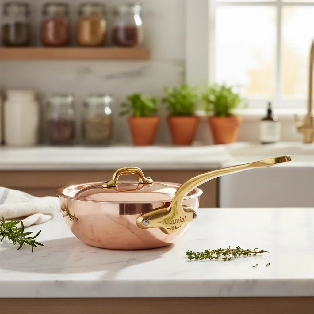 Mauviel 1830 copper saucepan with lid on a marble countertop.
