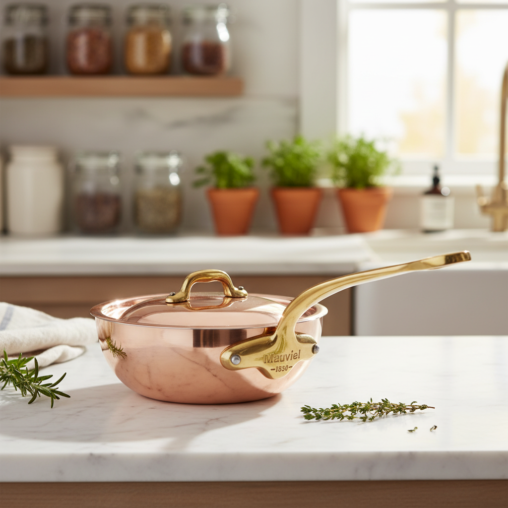 Mauviel 1830 M'Heritage M'150 B Copper Chef Pan With Lid and Brass Handle