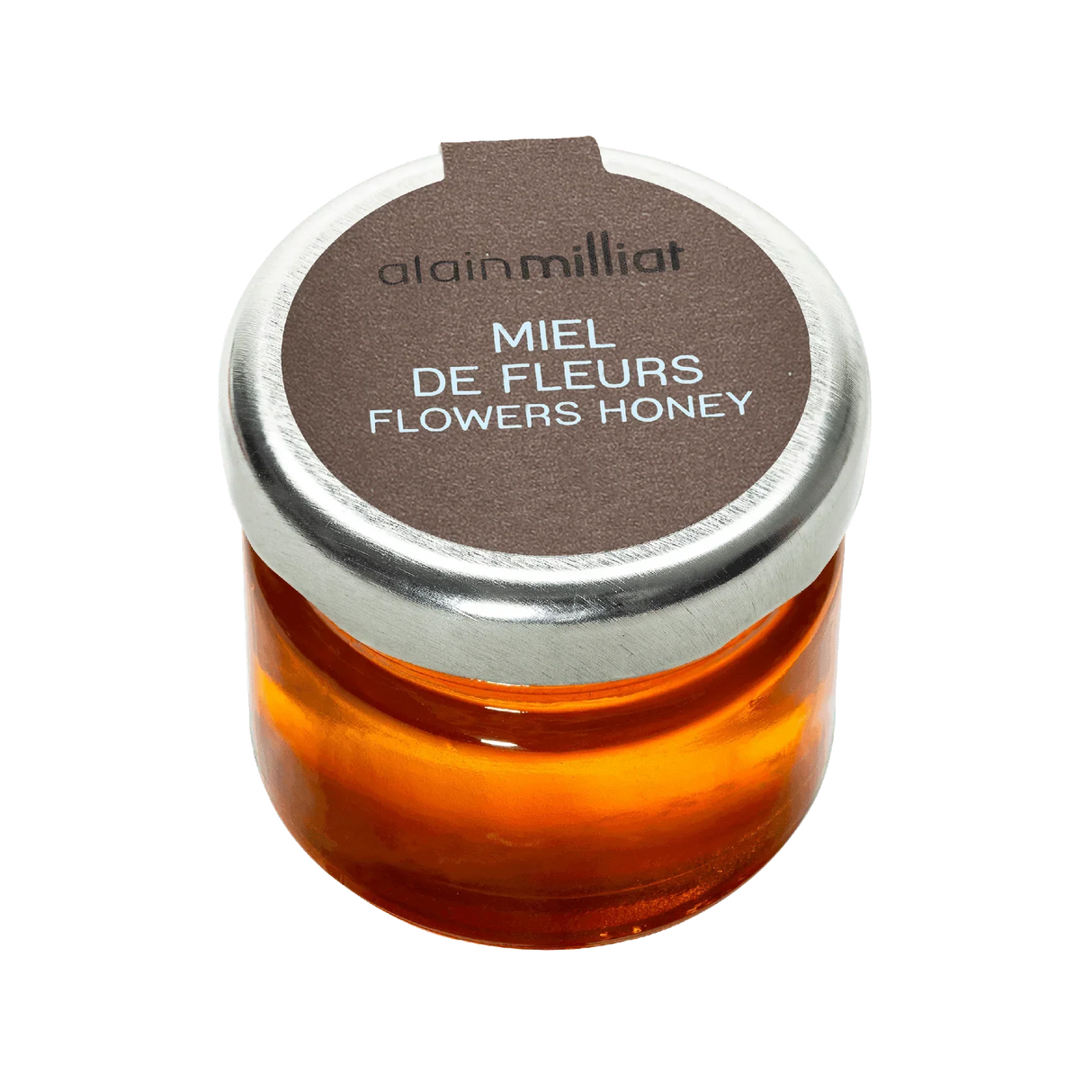 Alain Milliat Flowers Honey in glass jar, golden amber color, artisan-made premium French honey