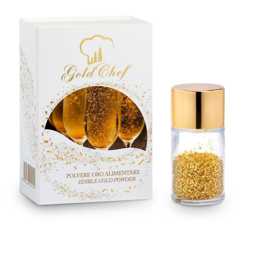 Gold Chef edible gold powder in jar and box, luxury French gourmet decoration product.