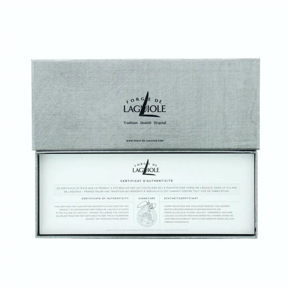 Forge de Laguiole grey box with certificate of authenticity for premium French corkscrew