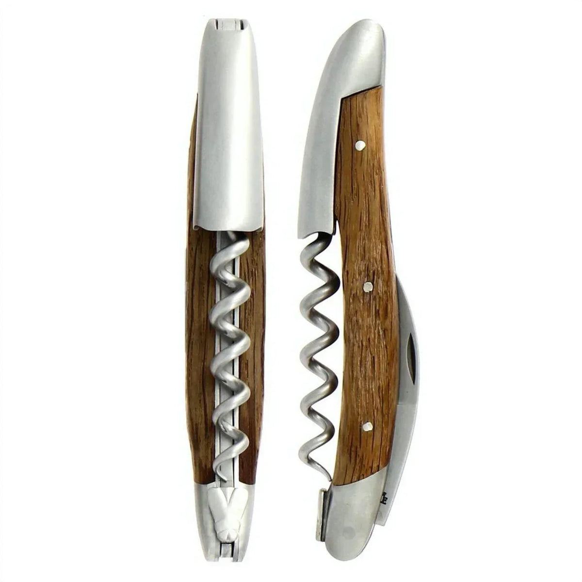 Wood-handled corkscrew with stainless steel worm, ideal for opening wine bottles