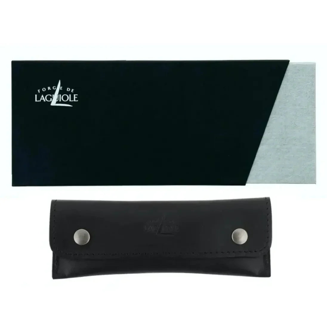 Forge de Laguiole black leather knife case with silver buttons and branded box