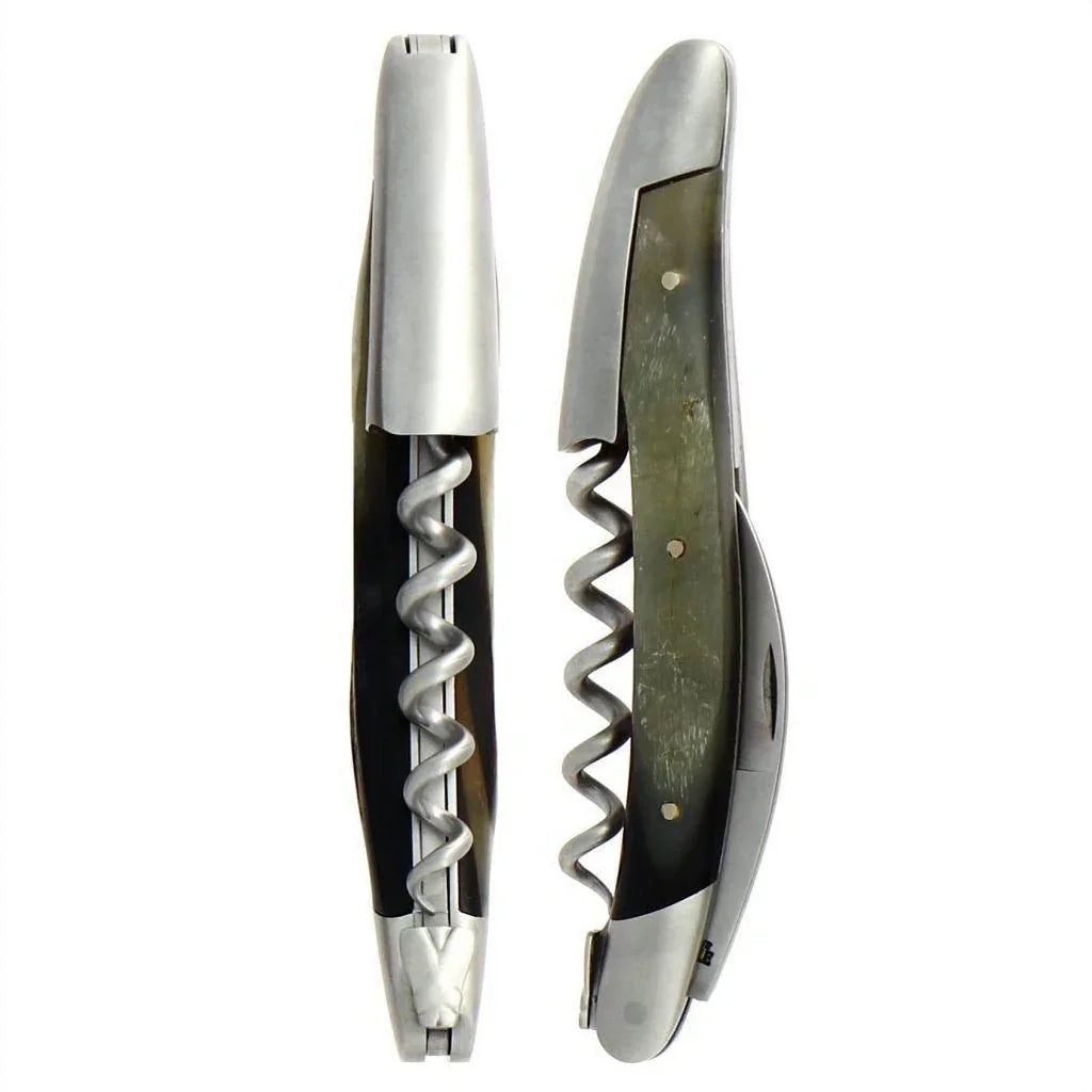 Stainless steel corkscrew with dark wood handle, perfect for opening wine bottles