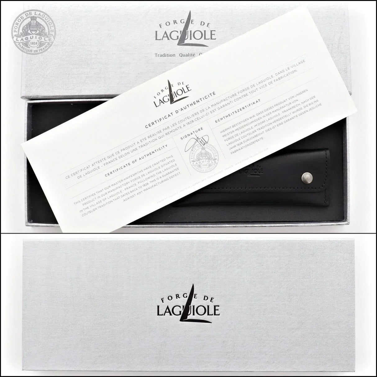 Forge de Laguiole knife in elegant box with authenticity certificate, showcasing French craftsmanship and tradition.