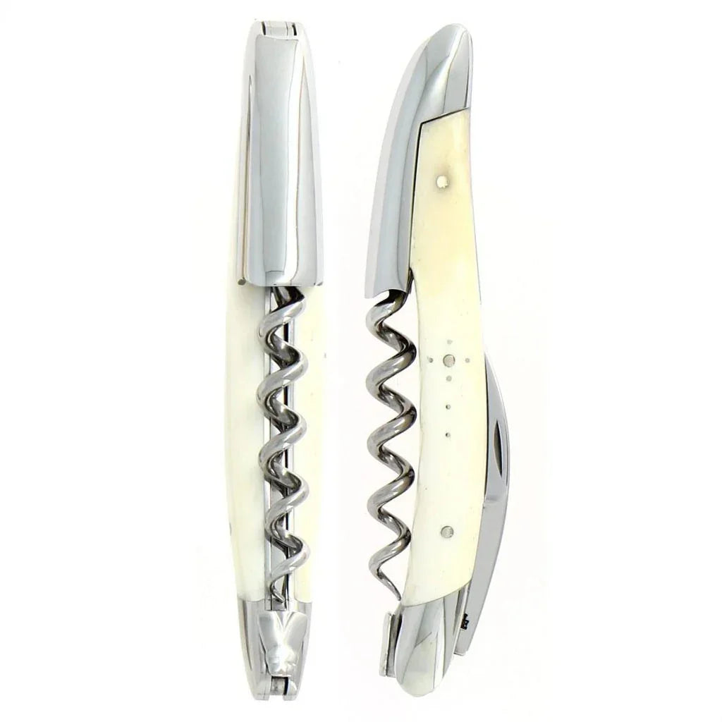 Elegant ivory-handled corkscrew with stainless steel spiral, perfect for wine lovers and gourmet kitchens.