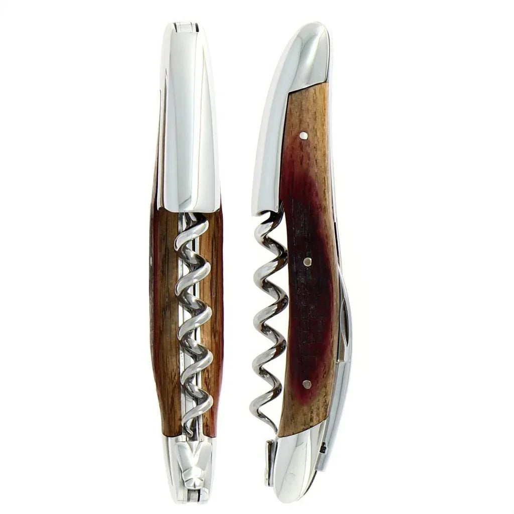 Elegant wooden-handled corkscrew with stainless steel spiral, perfect for wine enthusiasts