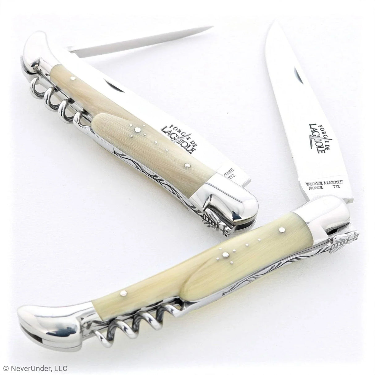 French Laguiole folding knife with horn tip handle, corkscrew, awl, and stainless blade