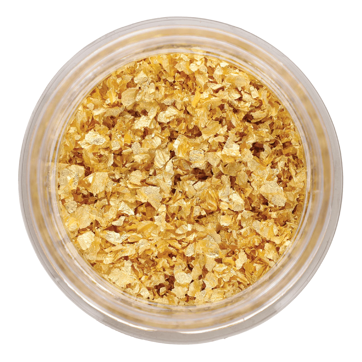 Jar of edible 23 carat gold flakes and crumbs, gourmet food decoration