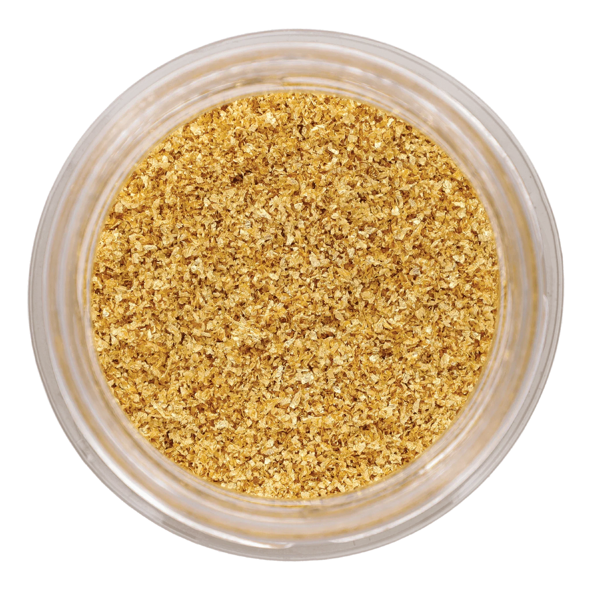 Edible gold flakes in clear jar, premium gourmet decoration for Italian cuisine, artisanal, all-natural, luxury food topping