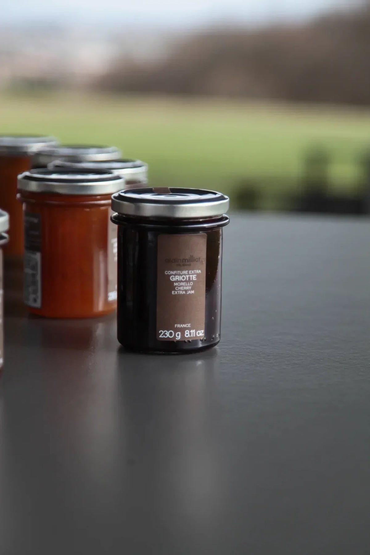 Alain Milliat Morello Cherry Extra Jam, French artisanal preserve in glass jar, 230g, on dark surface with green field backdrop