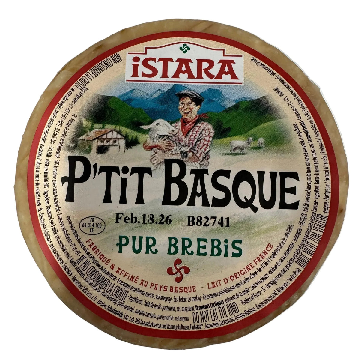 iSTARA P'tit Basque Pur Brebis cheese wheel, French artisan sheep milk cheese from Pays Basque, full fat, imported