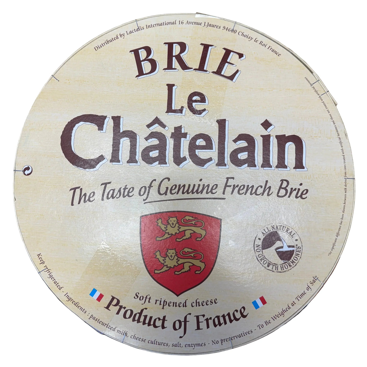 Circular wooden box for Le Châtelain Brie soft ripened cheese.