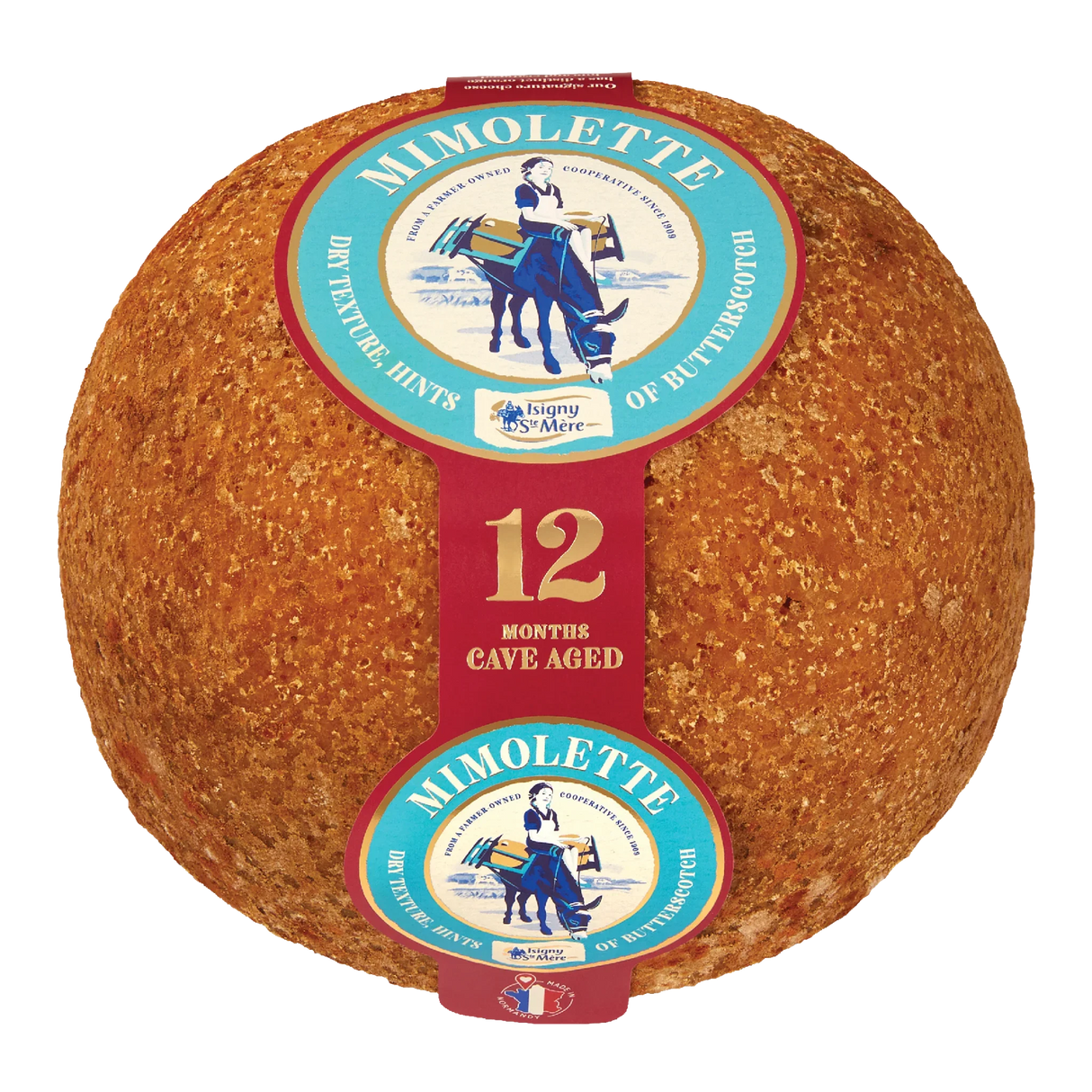 Whole wheel of Mimolette cheese aged 12 months with rustic orange rind and label.