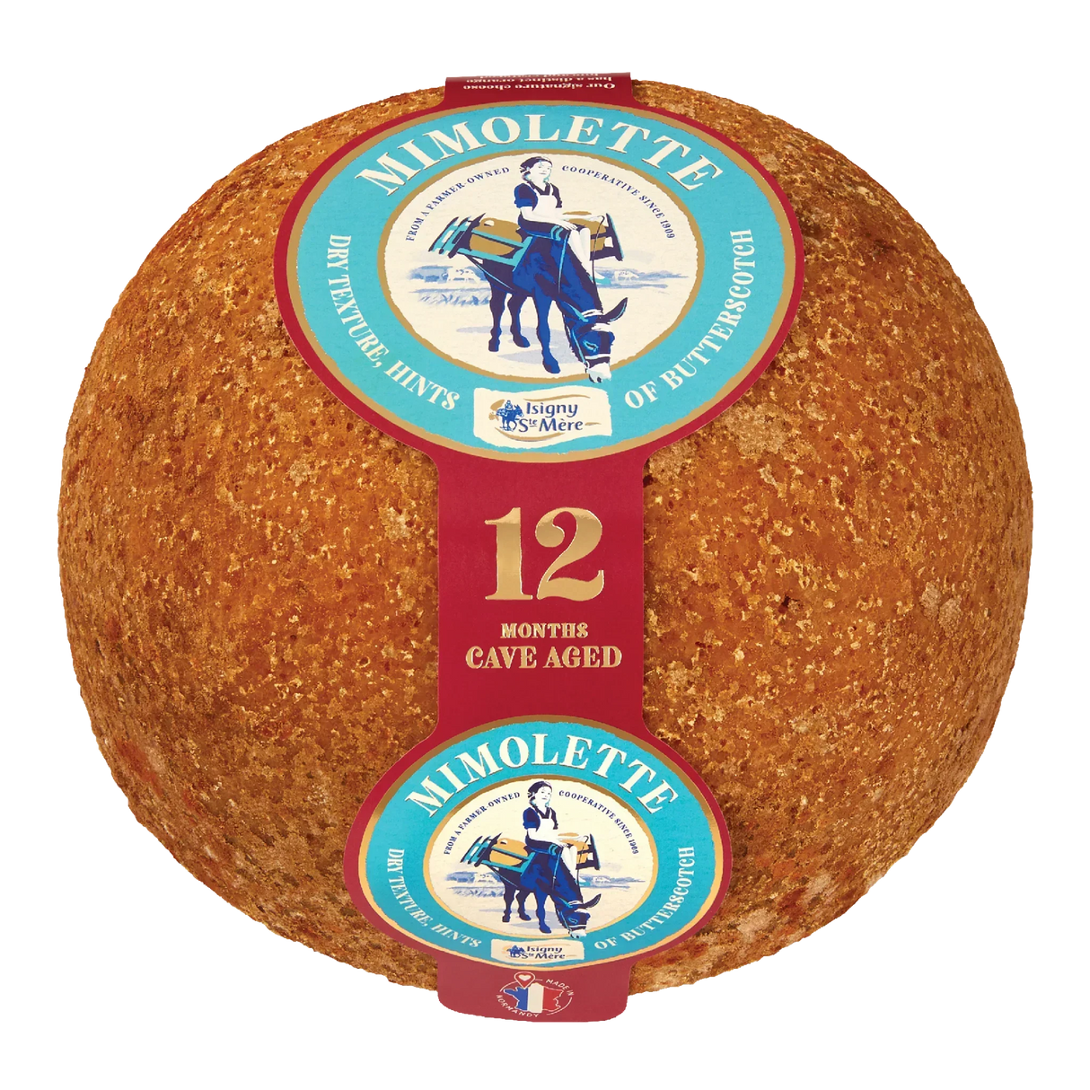 Mimolette cheese, 12 months cave aged, dry texture, butterscotch hints, artisan French cheese from Normandy