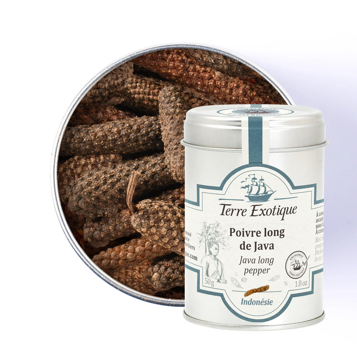 Java long pepper in a Terre Exotique tin, artisanal spice from Indonesia, premium quality