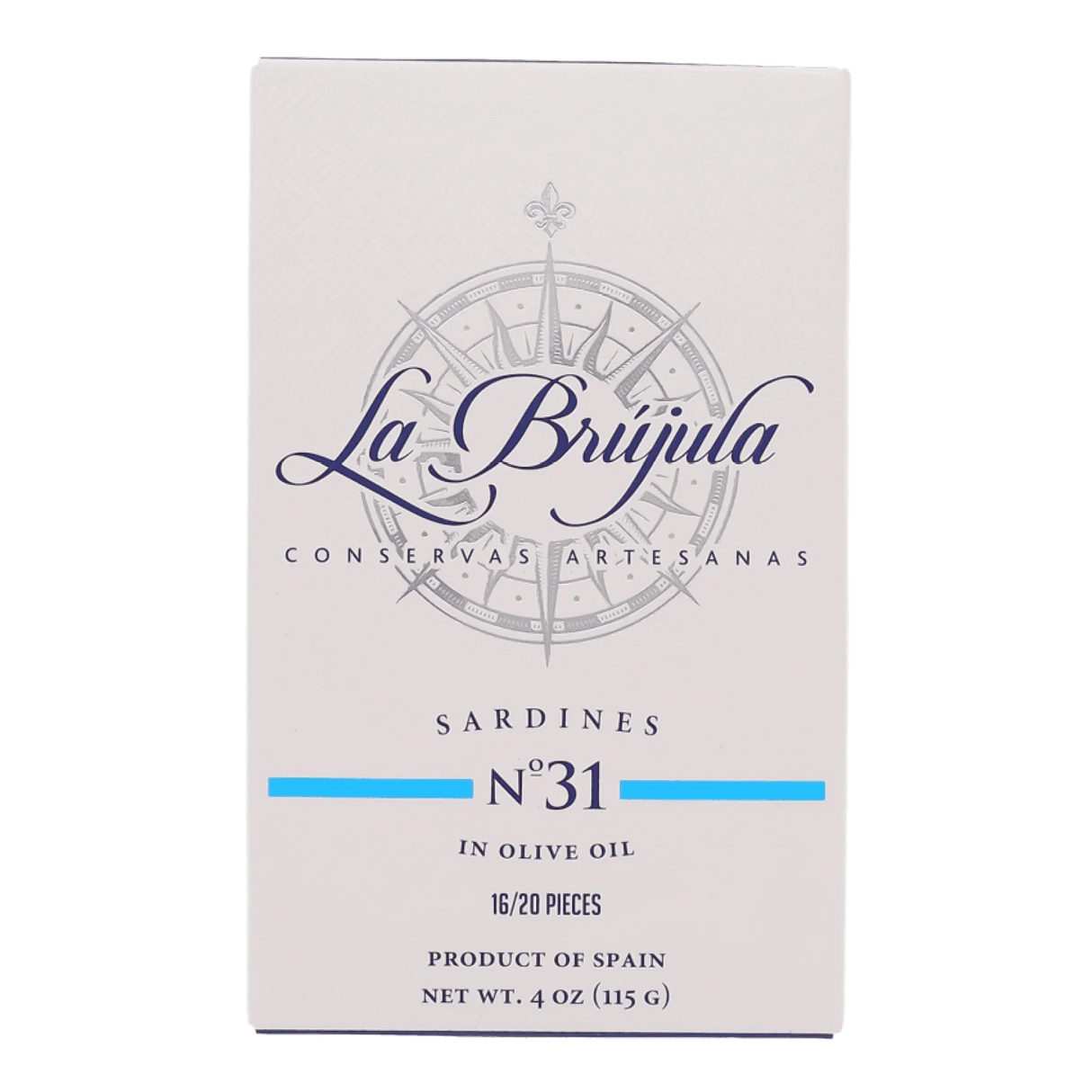 Box of Spanish sardines in olive oil, La Brújula No. 31, 16-20 pieces, 115g