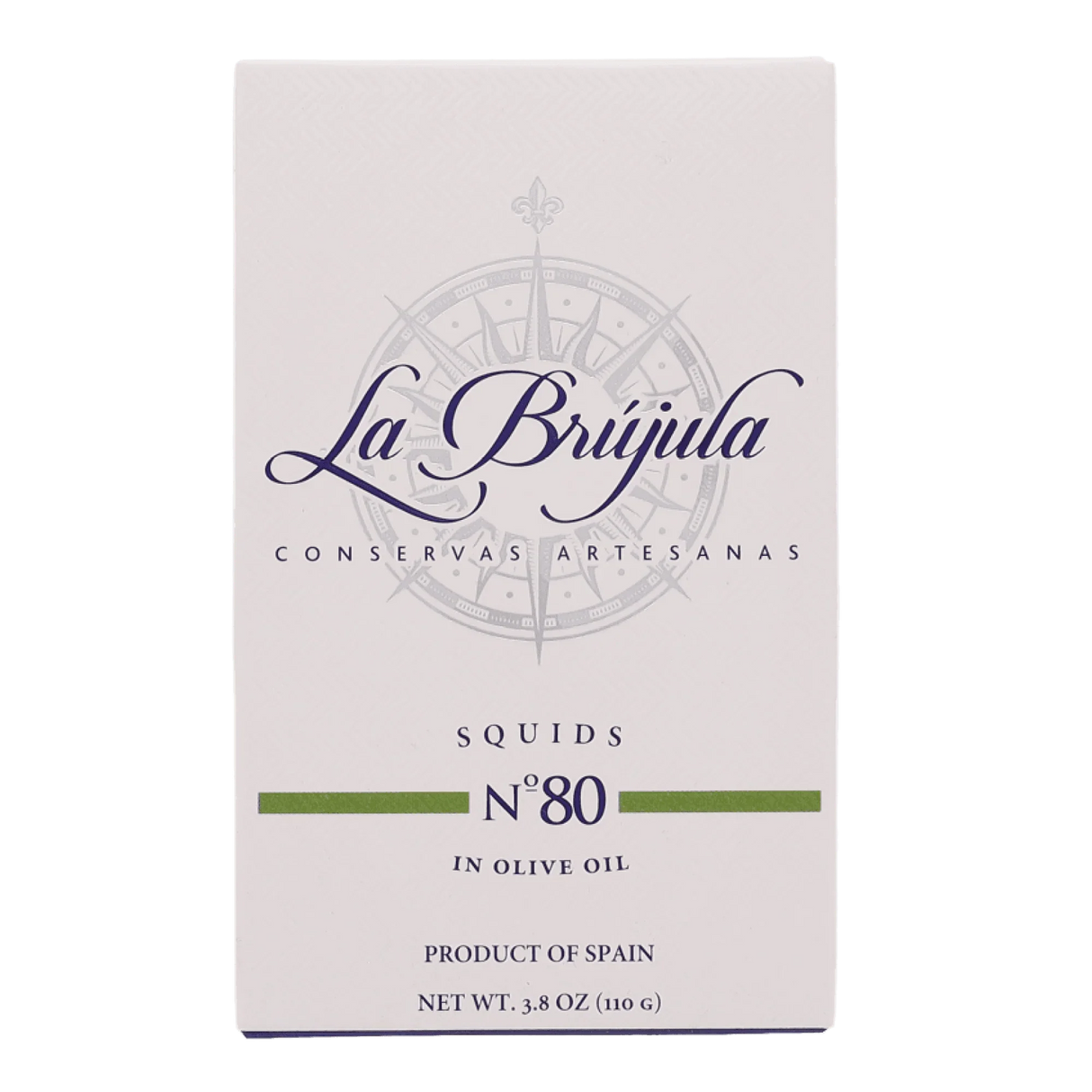 Box of premium Spanish squid in olive oil, La Brújula No. 80, 110g, artisan packaging