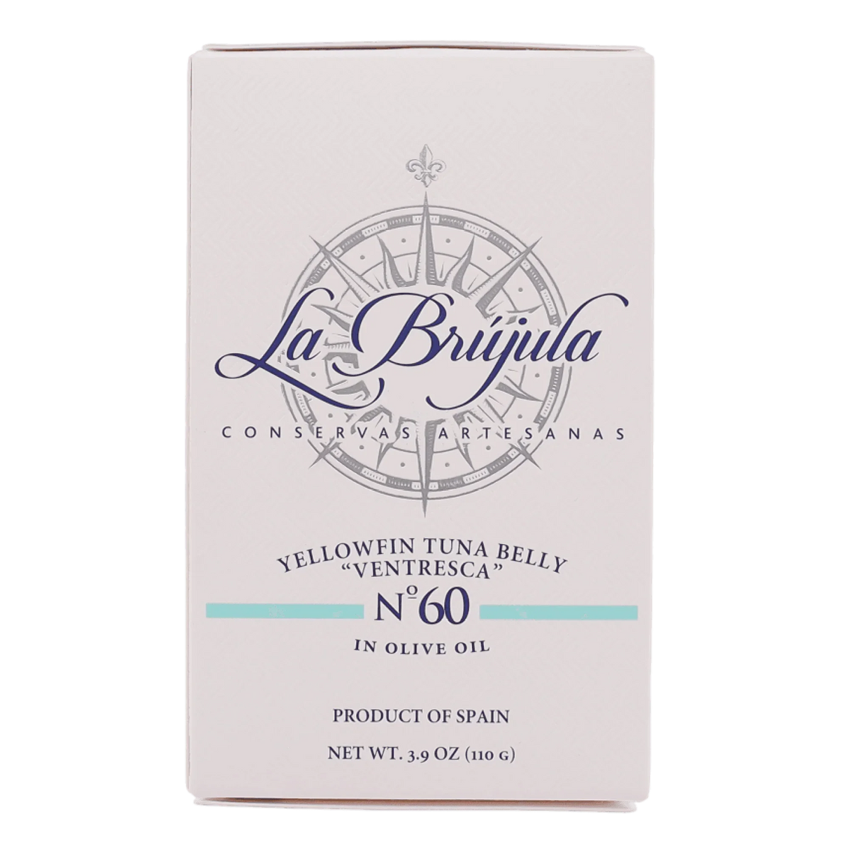 Box of La Brújula yellowfin tuna belly ventresca No. 60 in olive oil, product of Spain