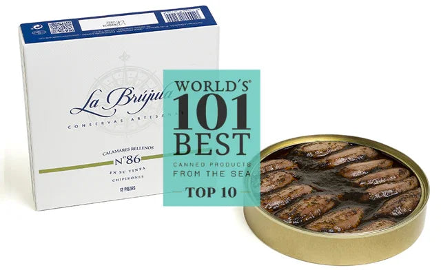 La Brujula Chipirones N°86 canned squid in ink with award badge, French Pantry gourmet seafood