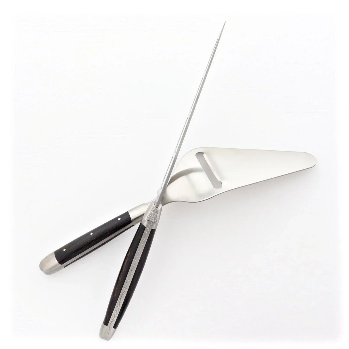 Elegant cheese knife and server set with dark wood handles and stainless steel blades