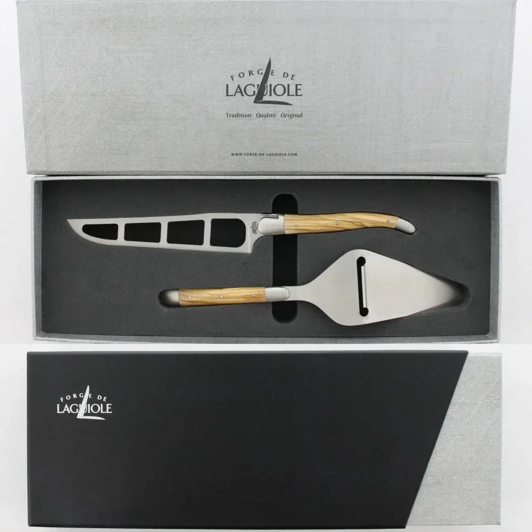 Elegant cheese knife and server set with olive wood handles in luxury packaging