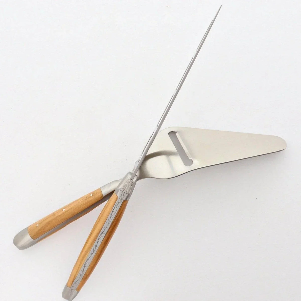 Stainless steel cheese knife and server with wooden handles for artisan cheese