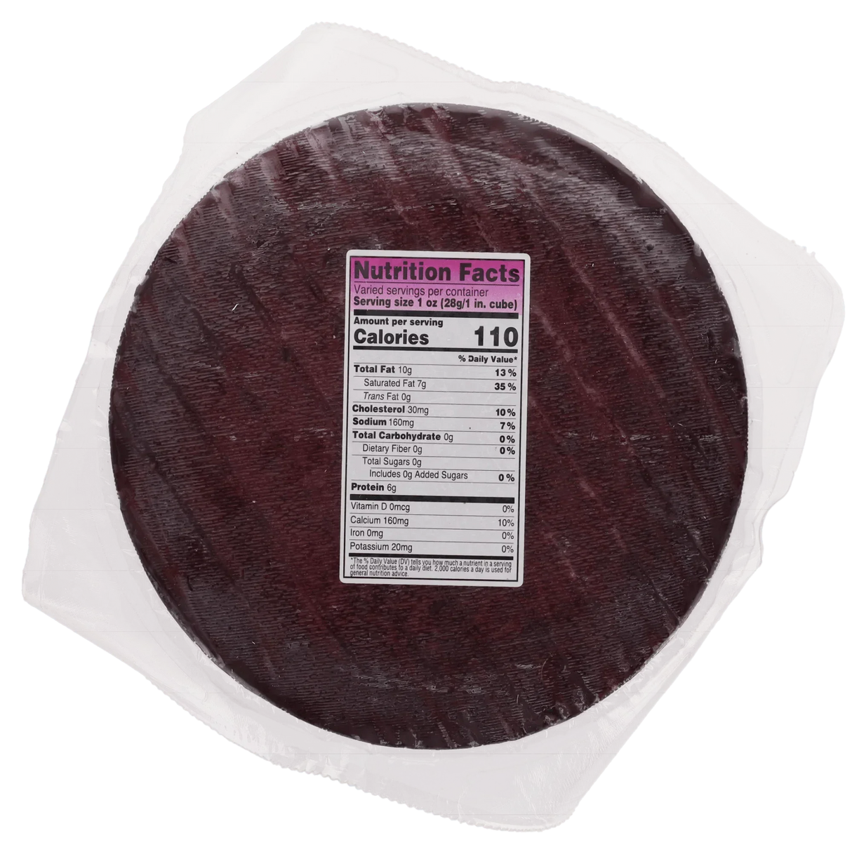 Drunken Goat cheese wheel with wine-soaked purple rind, vacuum-sealed with nutrition label, Spanish goat cheese