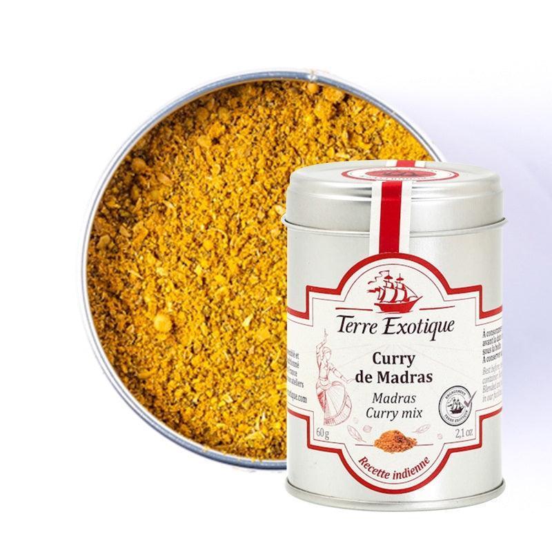 Terre Exotique Madras Curry Mix, vibrant yellow spice blend in a tin, artisan-made and premium quality