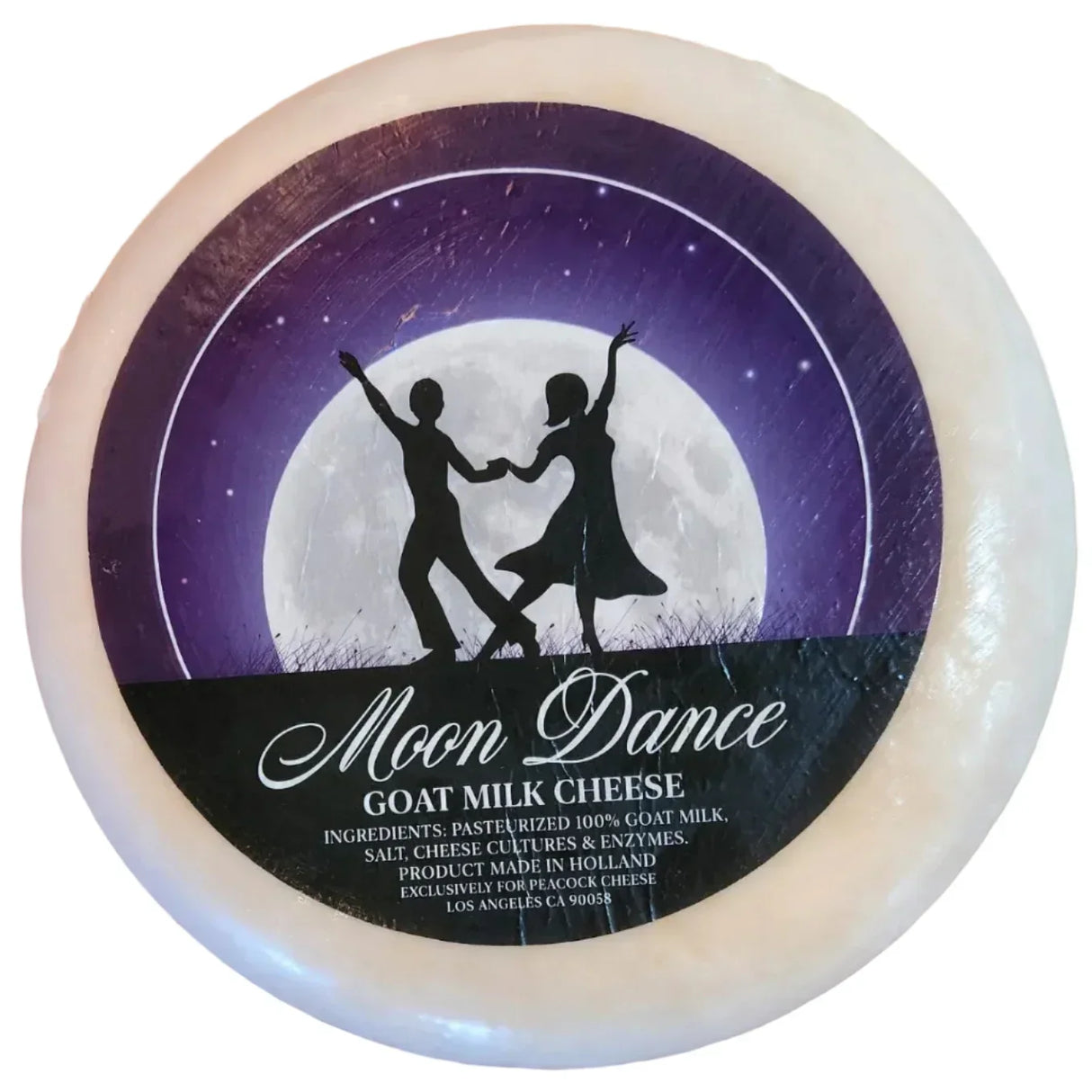 Moon Dance goat milk cheese wheel with dancing couple under full moon, artisan-made, all-natural