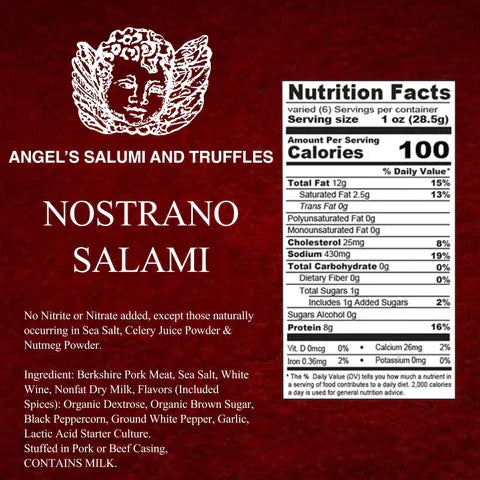 Nostrano salami nutrition label and ingredients list on a red background.
