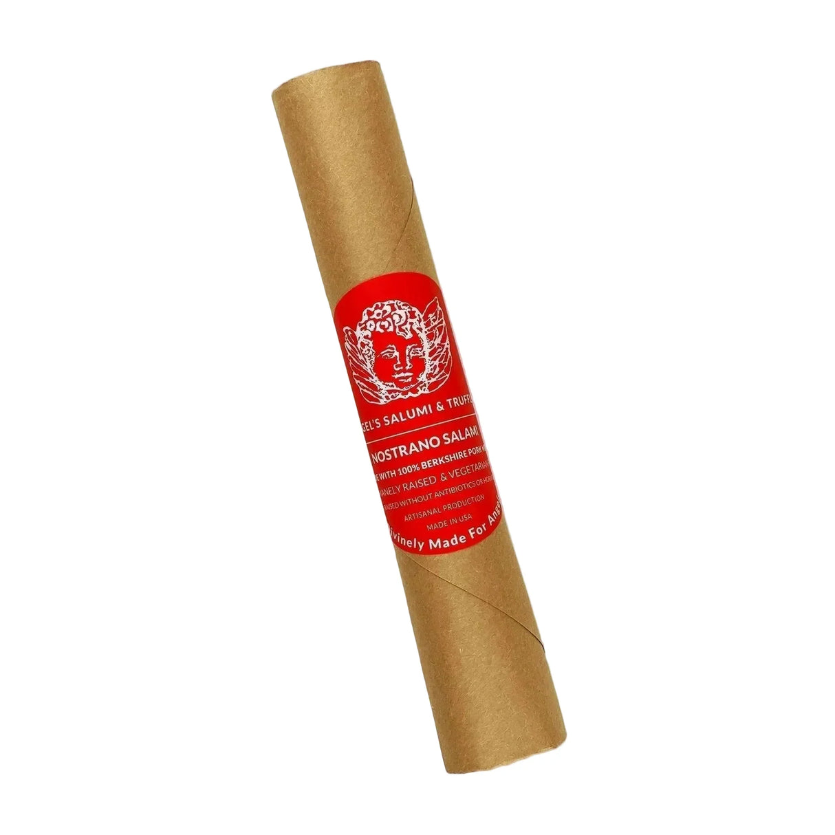 Artisan Nostrano salami wrapped in brown paper with red label, made from 100% Berkshire pork, antibiotic-free, USA-made
