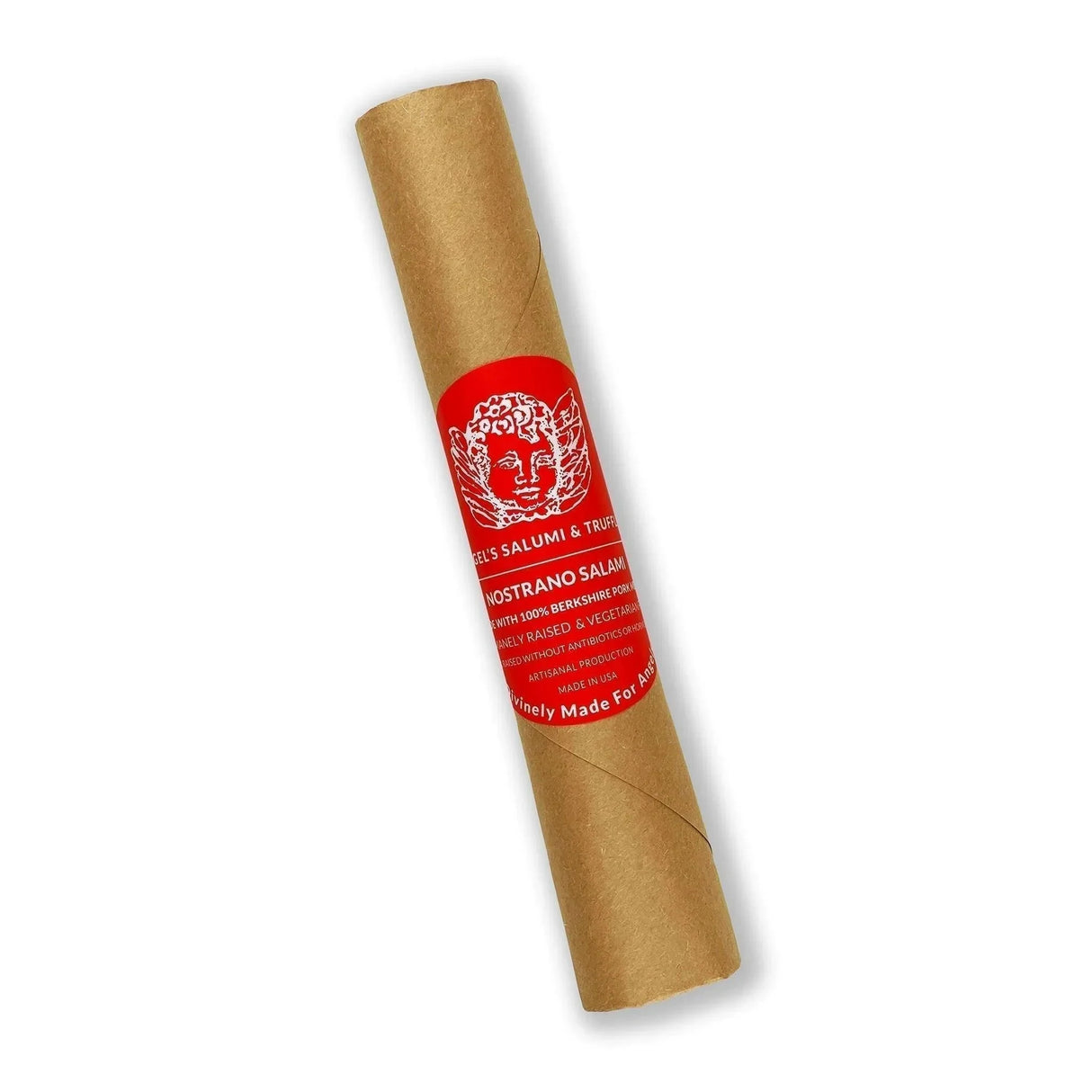 Wrapped artisanal Nostrano salami in brown paper with red label, premium charcuterie
