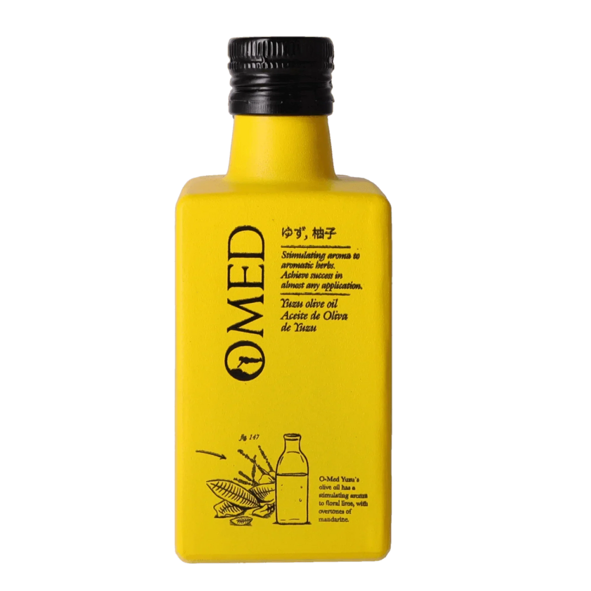 O-Med Yuzu Olive Oil bottle with vibrant yellow label and black cap, featuring floral citrus notes