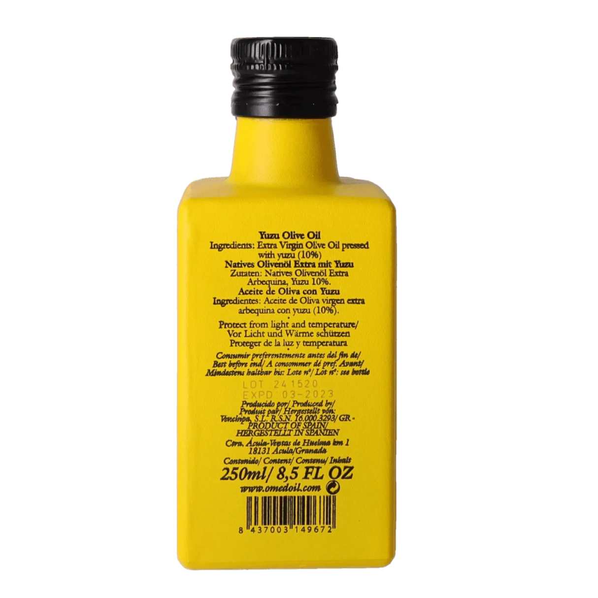 Yellow bottle of Yuzu Olive Oil, extra virgin, 250ml, product of Spain, artisan-made, premium quality