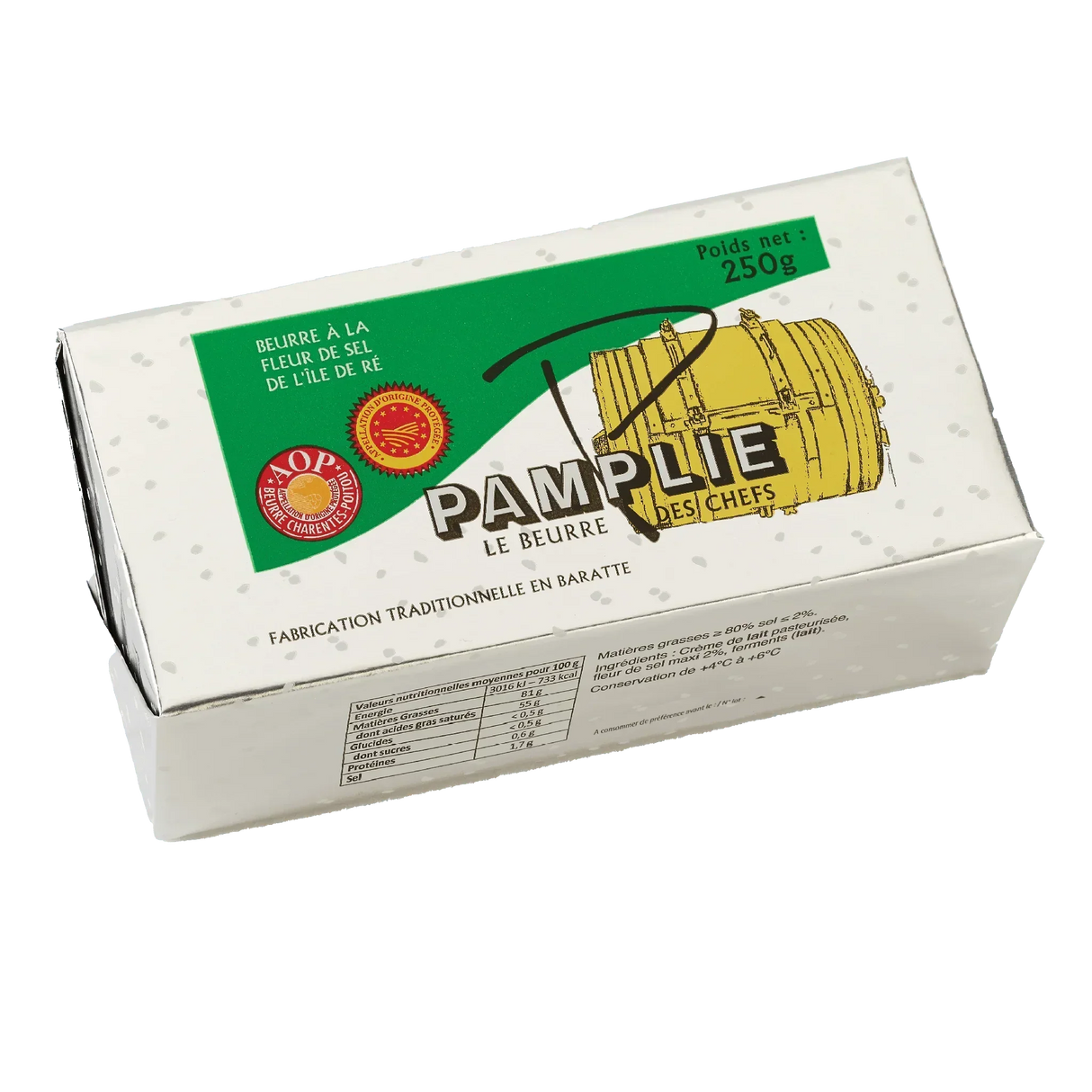 Pamplie AOP French butter with fleur de sel, 250g, traditional barrel-made, artisan, grass-fed, premium quality