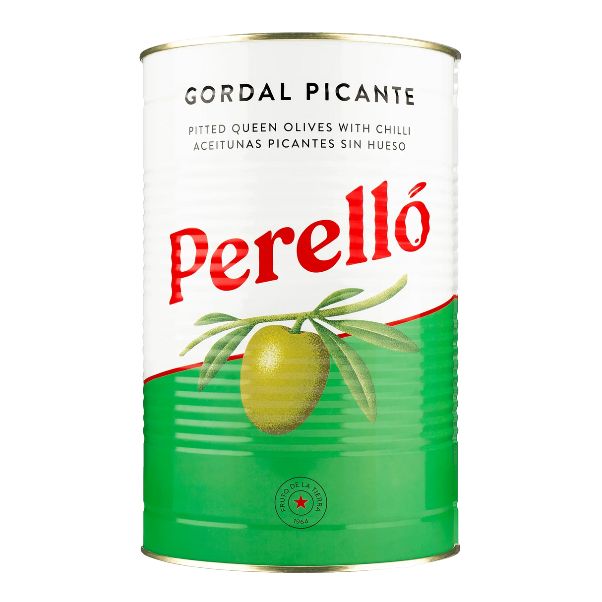 Large tin of pitted queen gordal olives with chilli, green and white label, olive graphic