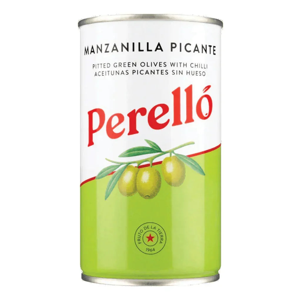 Perello Manzanilla Picante pitted green olives with chilli in a green and white tin, imported from Spain