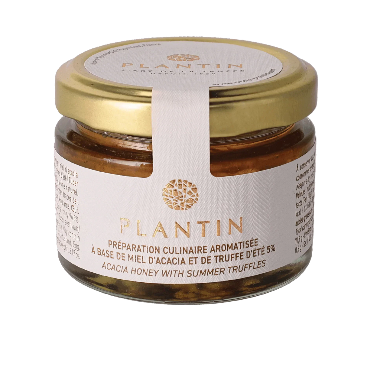Acacia honey with summer truffles, artisanal French gourmet spread in a glass jar with gold lid