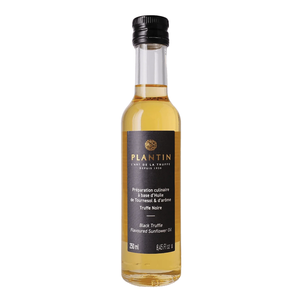 Black truffle flavored sunflower oil in a clear glass bottle with black label