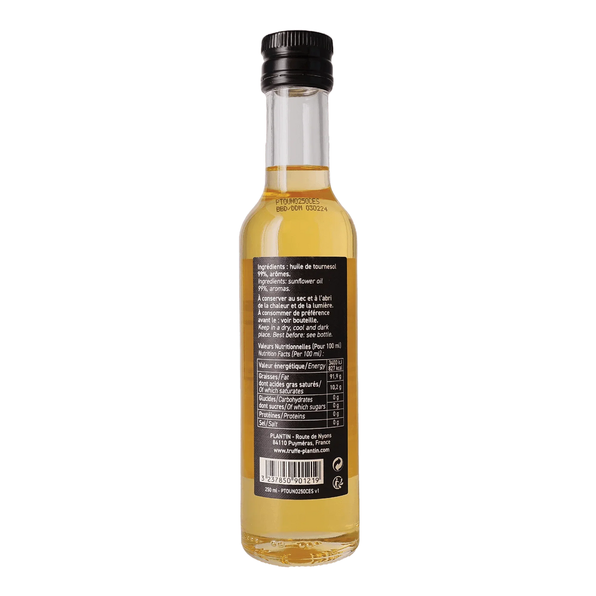 French sunflower oil in clear glass bottle, 250ml, artisan-made, all-natural, gluten-free, premium quality
