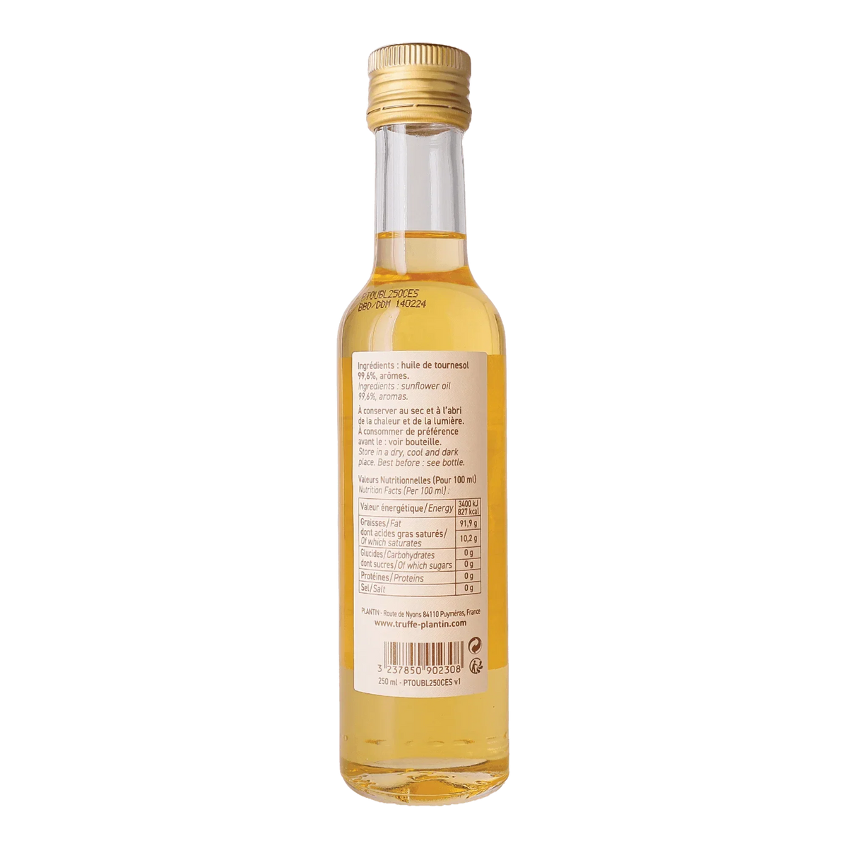 Bottle of French sunflower oil, 250ml, artisan-made, gluten-free, premium quality, clean-label